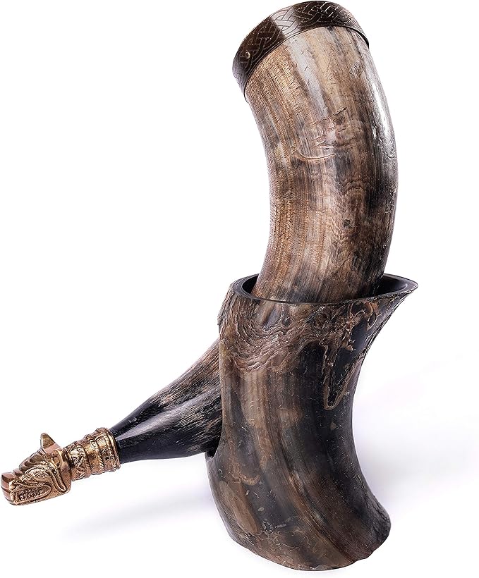 Norse Tradesman Genuine 12" Ox-Horn Viking Drinking Horn with Antique Brass Rim & Wolf Tip, Brown Leather Belt Holster, Fitted Stand & Burlap Gift Sack - The Fenrir, 12-Inches, Low Polish