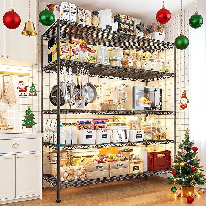 REIBII 45.8“W Storage Shelves Metal Shelving, 5-Tier Wire Shelving, Sturdy Garage Shelving, Adjustable Storage Rack for Pantry Kitchen Dining Room Supermarket Commercial