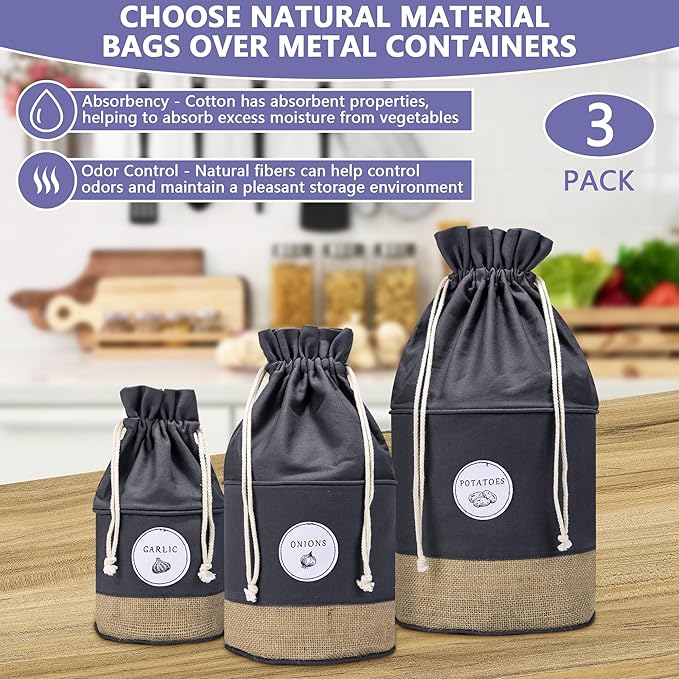 Meraki Home Potato Onion Garlic Storage Containers - Farmhouse Kitchen Storage Organization Pots - Sustainable Jute Cotton Vegetable Baskets Bins - Drawstring Holder (Grey)