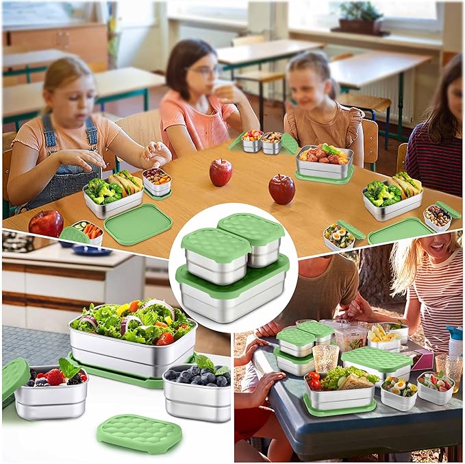Homikit 3 Pack Kids Lunch Box Set, 18/10 Stainless Steel Bento Boxes with Silicone Lids Leak Proof, 5 Cups Reusable Metal Food Snack Containers for School Daycare, Nontoxic & Dishwasher Safe, Green