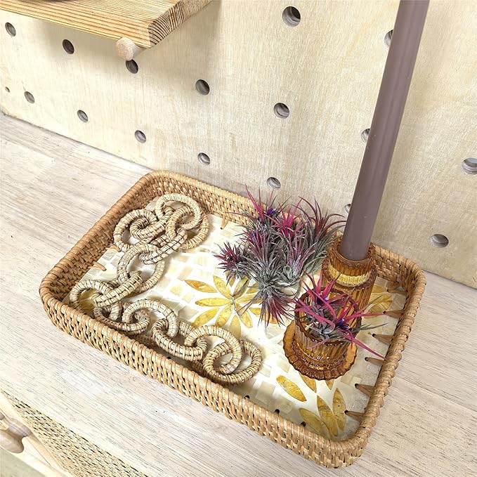 i-lan Set of 2 Rectangle Serving Trays with Mother of Pearl, 13" & 11.5" Woven Rattan Platters for Dining Entertainment, Centerpiece Displays, and Home Decor Accents