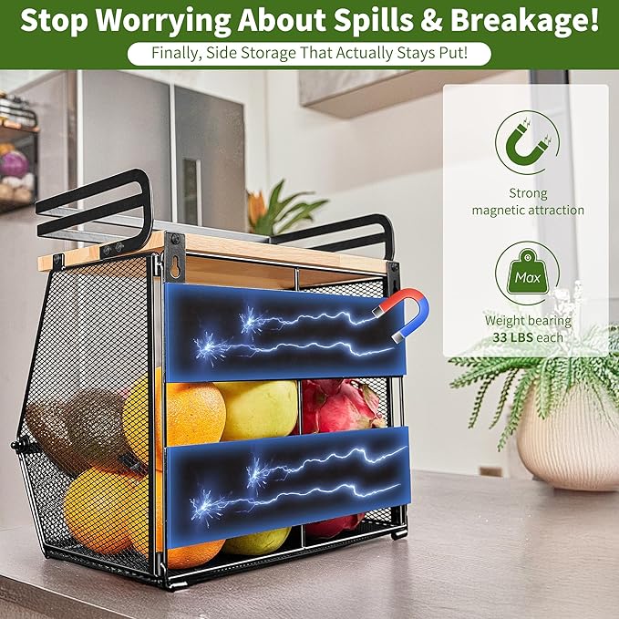 Imncya 2 Pack Magnetic Shelf for Fridge with Wood Lid, Large Container Magnetic Fruit Basket Spice Rack, Potato Onion Storage Organizer Magnetics Shelves for Refrigerator, Kitchen Counter, Pantry