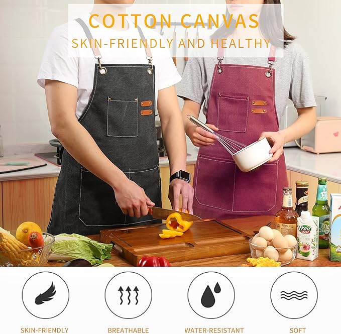 Tosewever Canvas Cross Back Chef Cotton Aprons for Men Women with Large Pockets