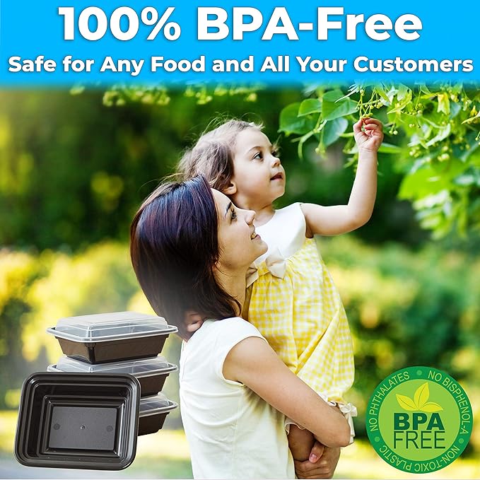 Pro-Grade BPA-Free Plastic Containers with Lids 100ct. 12oz Leakproof Microwavable Portion Container for To-Go Orders, Food Prep and Storage. Reusable Bento Boxes for Restaurant, Cafe and Catering.