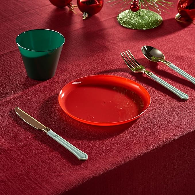PLASTICPRO 30 Pack 6.3'' Christmass Plates Red Plastic Party Plates Edge Collection Premium heavyweight Elegant Disposable Tableware Dishes