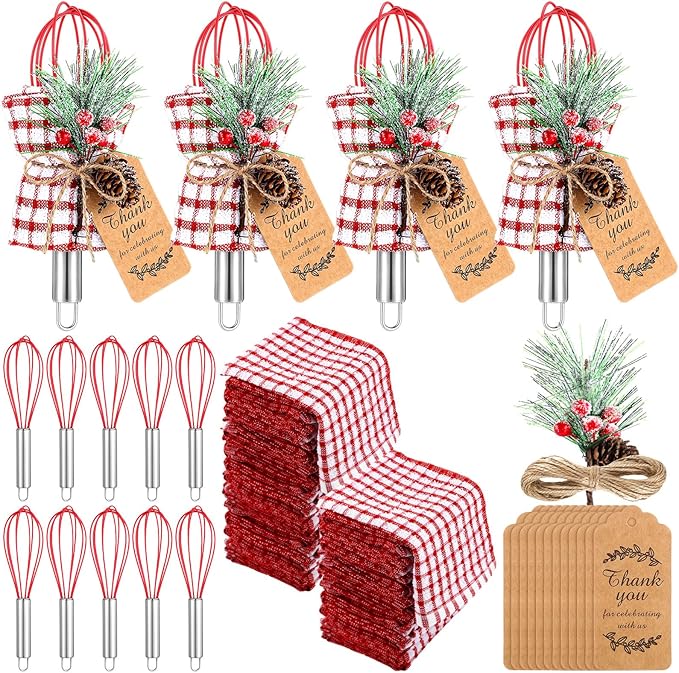 12 Sets Christmas Whisk Baking Supplies Gifts Sets Include Stainless Steel Whisk, Greeting Card, Snowfall Pine Branch, Plaid Towel, Rope for Xmas Neighbor Employee Stocking Stuffer Cooking (10 Inch)