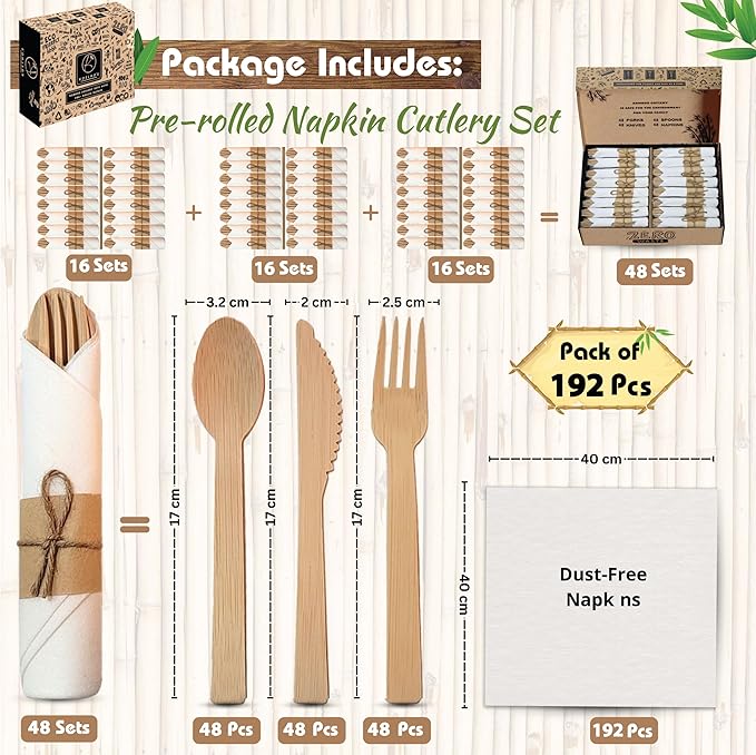 KOELHO'S Pre-Rolled Napkin and Cutlery Set 48-Pack 192 PCS | Bamboo Disposable Utensils 100% Biodegradable and Eco-Friendly | Wood Cutlery Set for Parties, Weddings, and Events