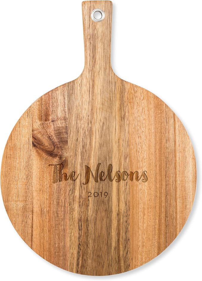Weddingstar Personalized Wooden Round Cutting Board or Serving Board with Handle 12" x 16.5" - Retro Script Etching