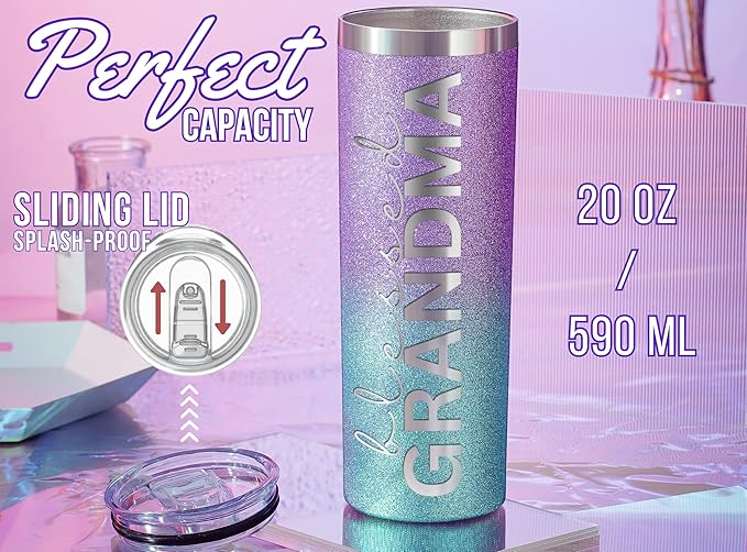 Onebttl Christian Grandma Gifts for Mother's Day, 20oz Purple & Blue Glitter Skinny Tumbler, Straw & Lid Included, Blessed Grandma Gifts