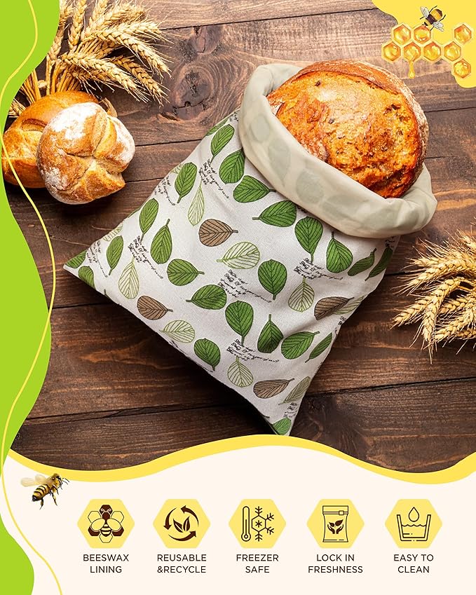 Beeswax Bread Bags for Homemade Sourdough, Sourdough Bread Bag with Zipper, 2 Pack Cotton Large Airtight Food Storage Bags to Keep Fresh