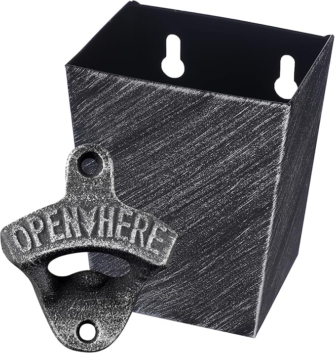 Old Fashioned Cast Iron Beer Cap Opener Wall Mounted Bottle Opener with Cap Catcher Narrow Bundle (Aged Silver)