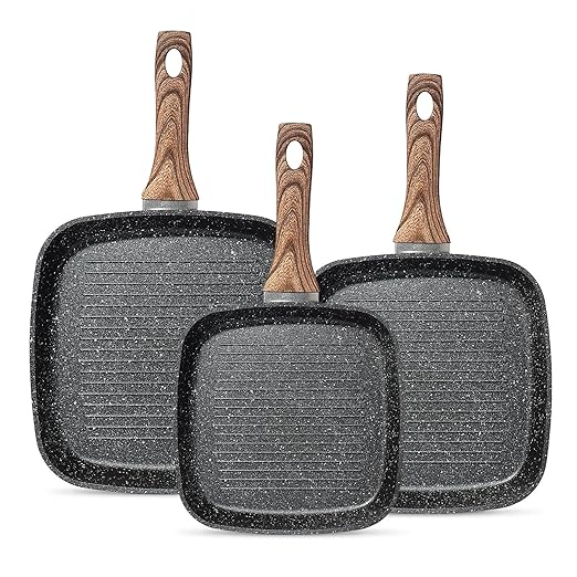 Grill Pan, Skillet Set 3 Piece, Frying Pan Non Stick with Stay Cool Handle & PFOA Free,Compatible with all Stovetops, Black (9.5"10" 11")