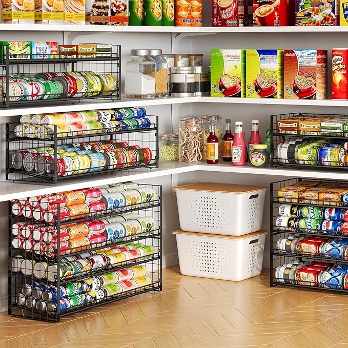 2-Tier Stackable Can Rack Organizer for Pantry Shelf, Adjustable Extra-Long Can Holder for Kitchen Organization Storage, Heavy Duty Can Dispenser for Canned Soup Food Goods Storage up to 64, Black