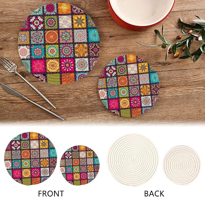 Kitchen Trivets Pot Holders Set of 2, Mexican Tiles Mandala Trivets for Hot Pots Dishes Woven Trivet Coaster Pad Mat for Counter