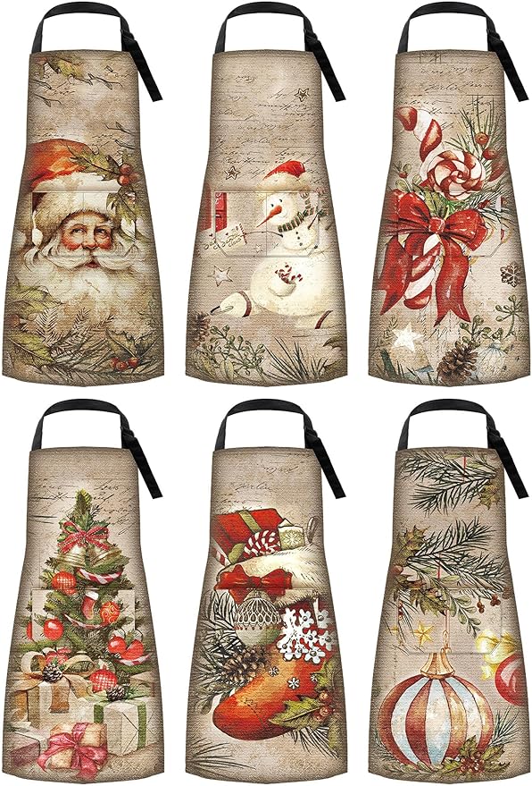 6 Pcs Christmas Aprons for Women Xmas Tree Aprons with Pockets Vintage Adjustable Baking Supplies for Adults