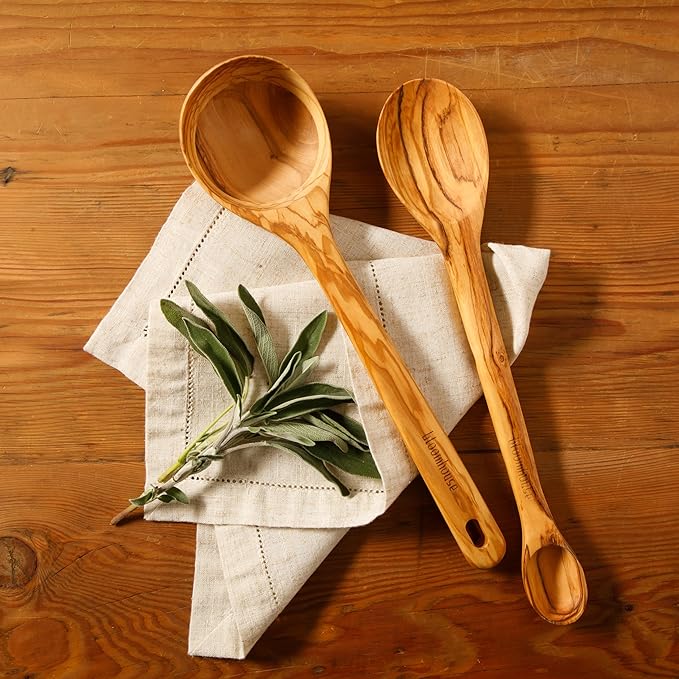 Bloomhouse - Two Time Oprah's Favorite Things Winner - Italian Olive Wood 2-Piece Kitchen Utensil Set – Extra-Large 14-Inch Ladle and Tasting Spoon, Durable Wooden Cooking Tools