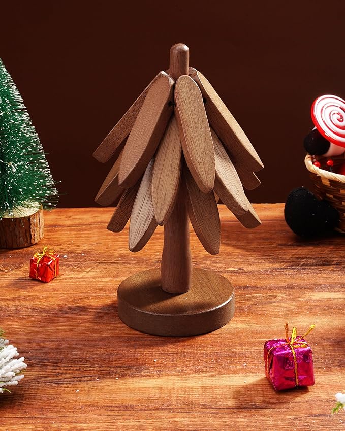 Wooden Trivets Tree for Hot Dishes, Set of 3 Wood Coaster for Hot Pots and Pans, Christmas Tree-Shaped Stackling Trivets with Organizer, 8 Inch Decorative Wooden Hot Pads, 3PCS Dark Walunt