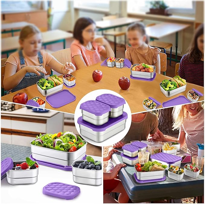 Homikit 3 Pack Kids Lunch Box Set, 18/10 Stainless Steel Bento Boxes with Silicone Lids Leak Proof, 5 Cups Reusable Metal Food Snack Containers for School Daycare, Nontoxic & Dishwasher Safe, Purple