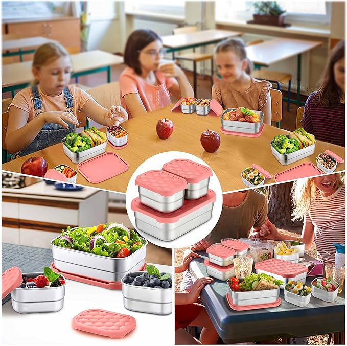 Homikit 3 Pack Kids Lunch Box Set, 18/10 Stainless Steel Bento Boxes with Silicone Lids Leak Proof, 5 Cups Reusable Metal Food Snack Containers for School Daycare, Nontoxic & Dishwasher Safe, Pink