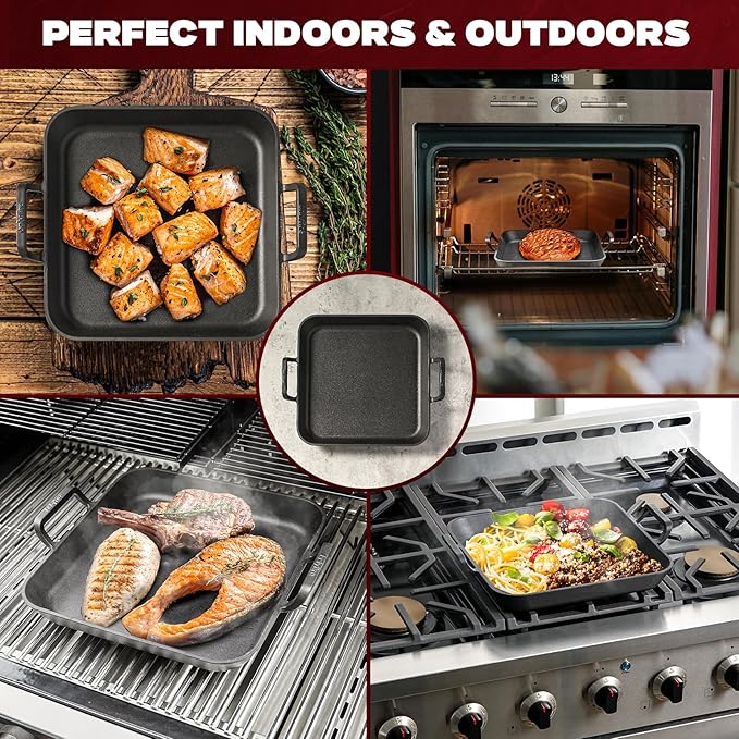Onlyfire Pre-Seasoned Cast Iron Skillet, 12 Inch Square Steak Pan Frying Pan with Nonstick Perforated Grill Surface and Dual Handles, Cast Iron Grill Pan for Grills, Oven and All Stovetops