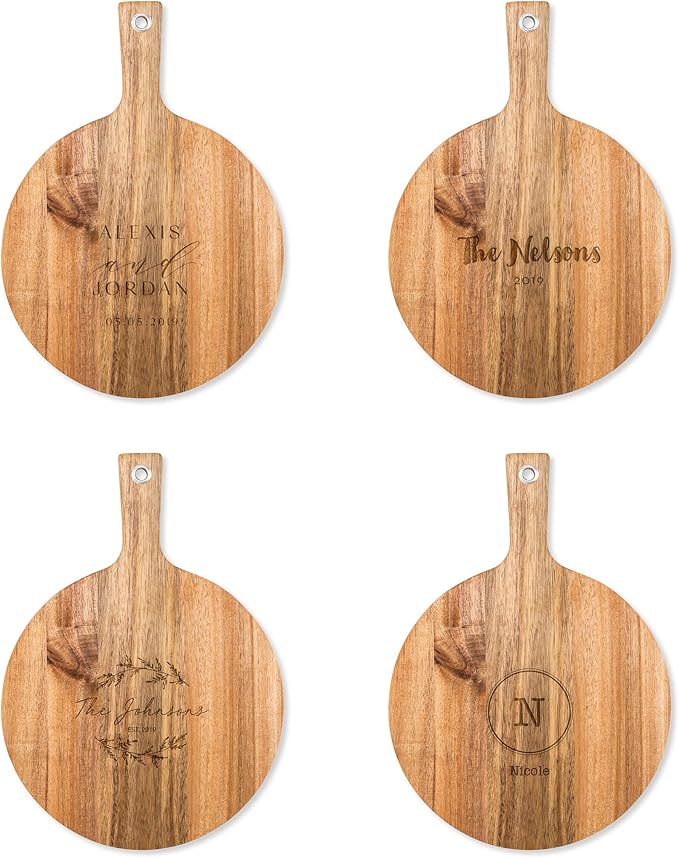 Weddingstar Personalized Wooden Round Cutting Board or Serving Board with Handle 12" x 16.5" - Retro Script Etching