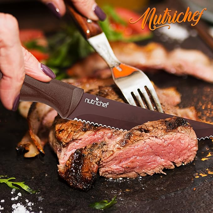 NutriChef SereneLife Stainless Steel Knife Set, 8 Pcs. - Non-Stick Coating, Sharp Serrated Blades, Professional Kitchen Set, Rust-Resistant, Dishwasher Safe, Ideal for BBQ & Grilling, Yellow