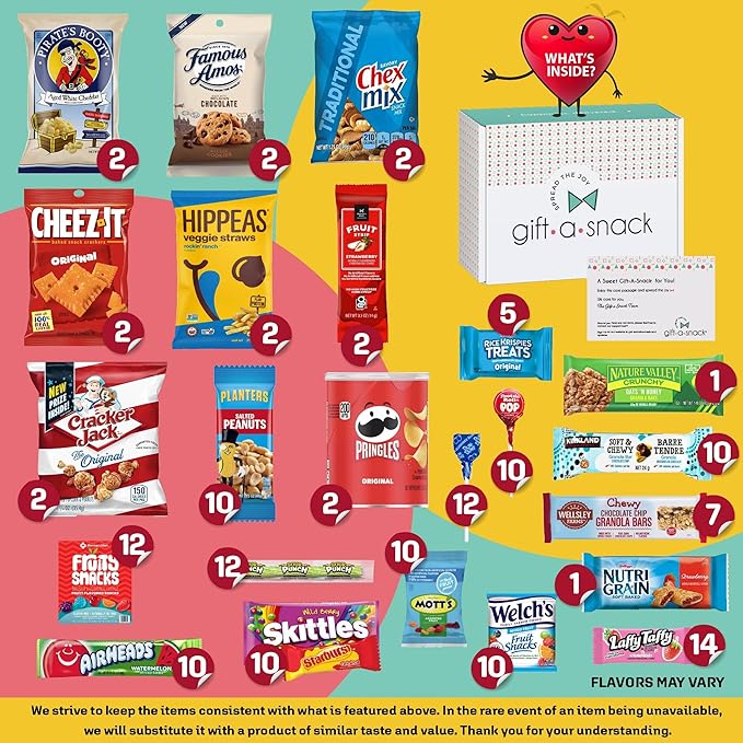 Gift A Snack - Holiday Christmas Stocking Stuffers, Snack Box Variety Pack Care Package + Greeting Card (150 Count) Xmas Birthday Sweet Treats Gift Basket, Candies Chips Crackers Bars