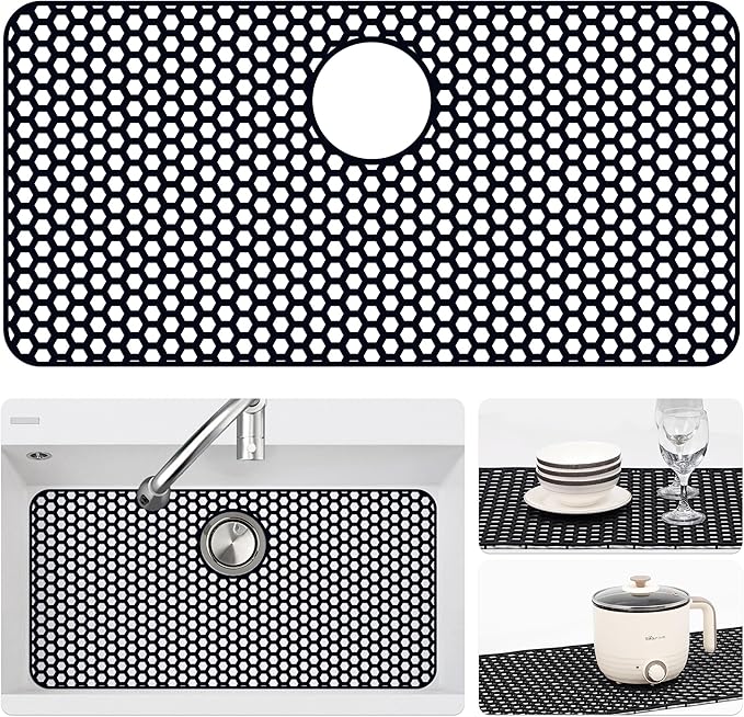 Silicone Sink Protectors for Kitchen Sink with Rear Drain - 28.3"x 15.7" Kitchen Protector Accessory, Non-Slip Heat Resistan Mat for Bottom of Farmhouse Stainless Steel (Rear Hole, Black)