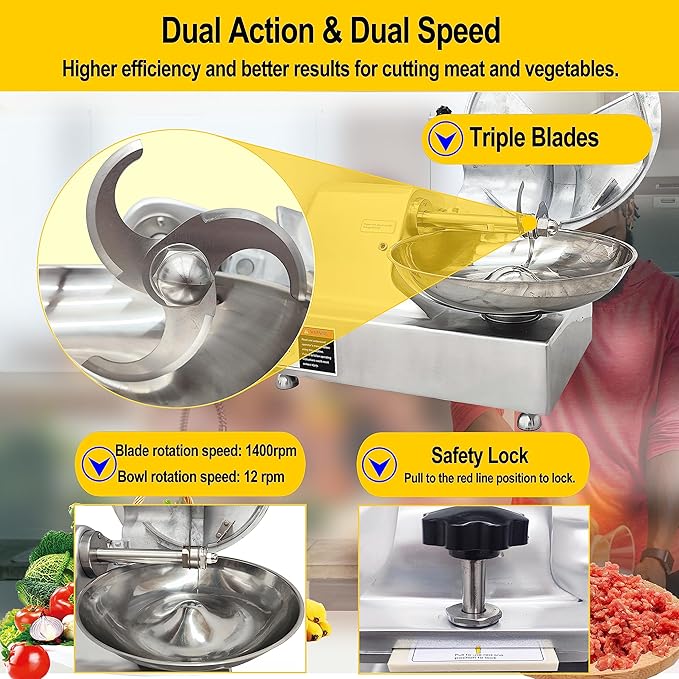 TECHTONGDA 110V Commercial Food Processor, 8L Electric Food Chopper Vegetable Cutter, Meat Grinder, Meat Bowl Cutter Chopper Machine for Vegetables, Grain, Nuts, Ginger, Garlic