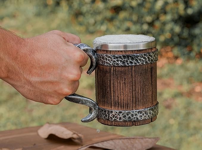 Norse Tradesman Stainless Steel Beer Tankard - 20 oz Tavern Style Mug for Hot or Cold Drinks - Imitation Wood & Iron