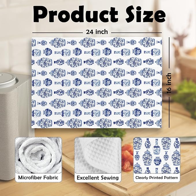 Chinoiserie Porcelain Kitchen Dish Towels, Blue and White Floral Bottle Gifts for Women, Grand Millenial Decor，Trendy Floar Flower Ginger Jar Hand Towels Kitchen Tea Towels Decorations, 16x24inch