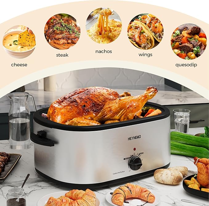 28Qt Electric Roaster Oven, with Self-Basting Lid, Removable Pan, Cool-Touch Handles, 1450W Stainless Steel Turkey Roaster Oven, Silver