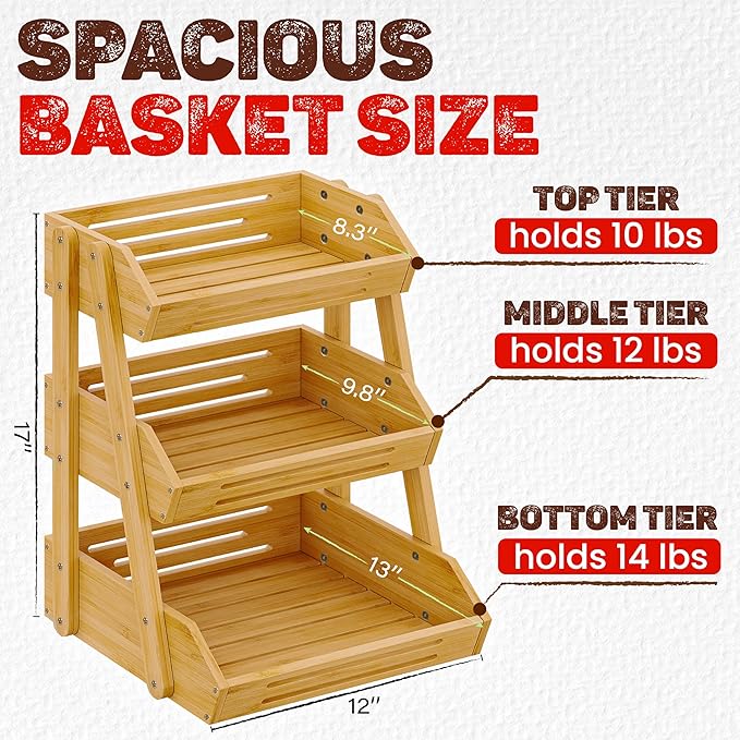 [Upgraded] Bamboo Fruit Basket with 4 Legs, 3-Tier Fruit Stand Storage Holder, Detachable Fruit Bowl for Countertop, Vegetable Holder for Kitchen Counter Organizer, Snack & Bread Storage Basket Stand