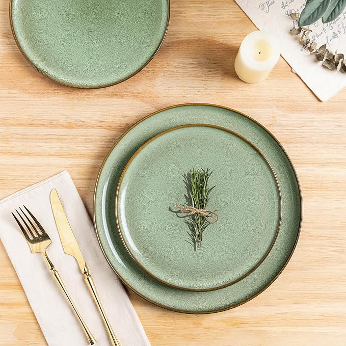 LERATIO Ceramic Dinnerware Sets for 4,12 Pieces Poreclain Plates and Bowls Sets,Scratch Resistant Dishes,Dishwasher & Microwave Safe Dishes Set,Service for 4-Light Geen