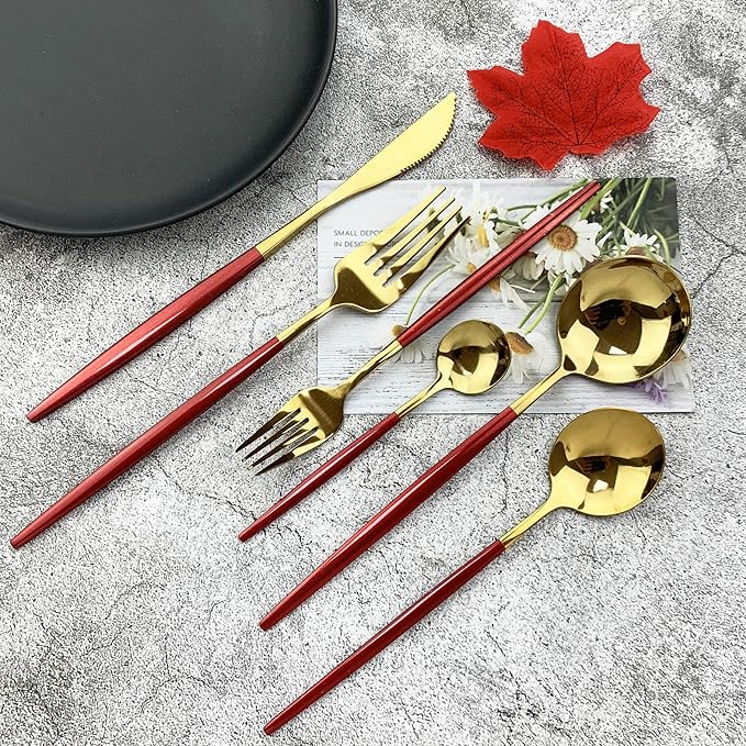 JASHII 18/10 Silver Silverware Set Stainless Steel Flatware Utensils Set Gold Cutlery Set| 36-Piece Modern Cubiertos Dorados| BEST Birthday Wedding Gift (6 sets, Red Handle Gold Mirror Polish)