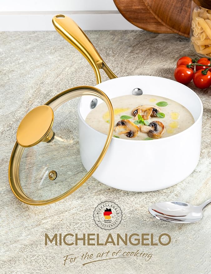 MICHELANGELO 1 Quart Nonstick Saucepan with Lid, Non-Toxic Ceramic Sauce Pan with Ergonomic Handle, 1 Qt Small Pot, Oven-Safe, White