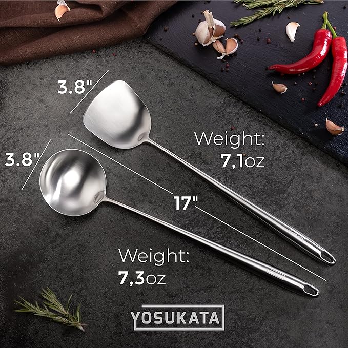 YOSUKATA Silver Round Bottom Wok Pan – 14" Woks and Stir Fry Pans + 17’’ Wok Spatula and Ladle - Set of 2 Heat-Resistant Wok Tools - Universal Wok Ladle Flat Bottom Pow Wok