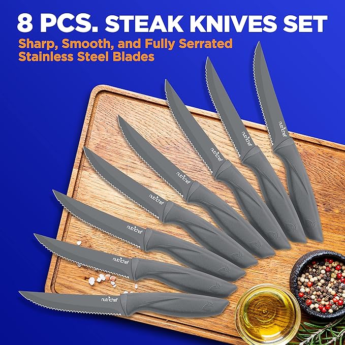 NutriChef SereneLife Stainless Steel Knife Set, 8 Pcs. - Non-Stick Coating, Sharp Serrated Blades, Professional Kitchen Set, Rust-Resistant, Dishwasher Safe, Ideal for BBQ & Grilling, Gray