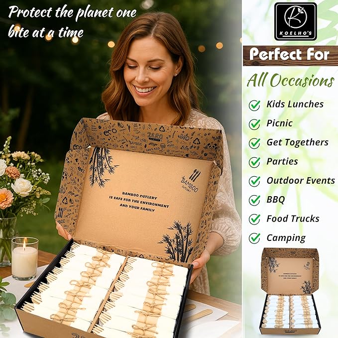 KOELHO'S Pre-Rolled Napkin and Cutlery Set 48-Pack 192 PCS | Bamboo Disposable Utensils 100% Biodegradable and Eco-Friendly | Wood Cutlery Set for Parties, Weddings, and Events