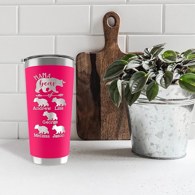 Personalized Mama Bear Tumbler with Engraved Names Up to 6 Cubs, 5 Fonts, 13 Colors, Gifts for Mom from Daughter, Son