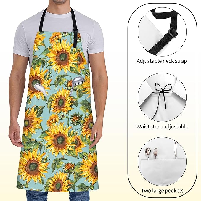 Retro Sunflower Apron for Women with Floral,28x33in,Flower Kitchen Aprons with 2 Pockets, Oxford Fabric,Stylish Adjustable Apron for Cooking Baking Gardening Chef,Gifts for Mom Wife