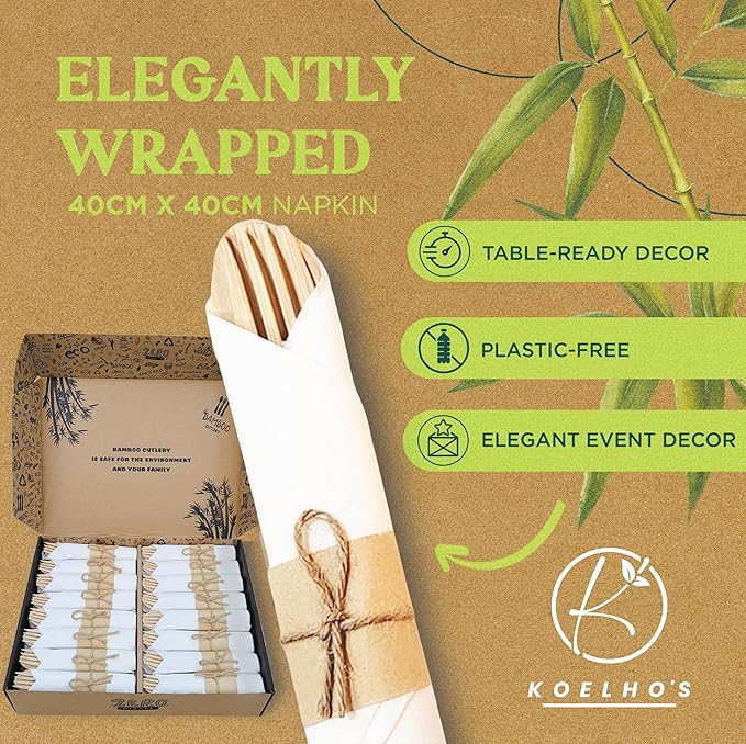 KOELHO'S Pre-Rolled Napkin and Cutlery Set 48-Pack 192 PCS | Bamboo Disposable Utensils 100% Biodegradable and Eco-Friendly | Wood Cutlery Set for Parties, Weddings, and Events