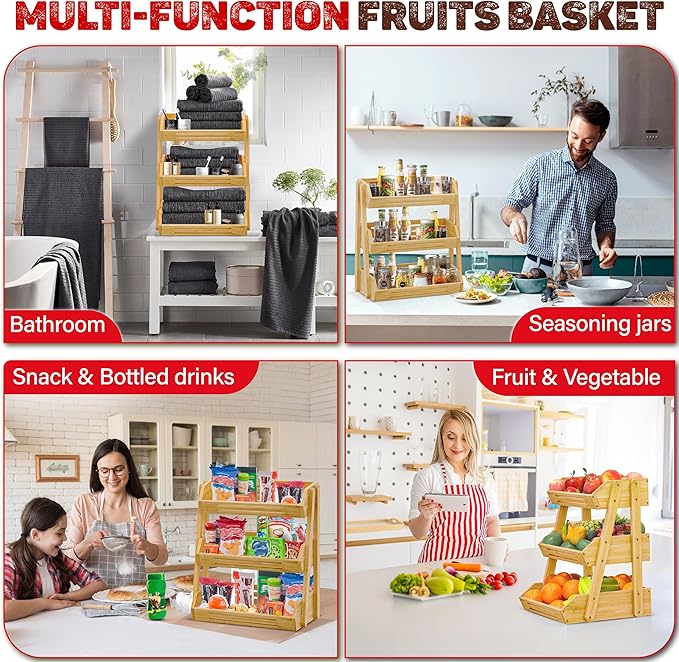 [Upgraded] Bamboo Fruit Basket with 4 Legs, 3-Tier Fruit Stand Storage Holder, Detachable Fruit Bowl for Countertop, Vegetable Holder for Kitchen Counter Organizer, Snack & Bread Storage Basket Stand
