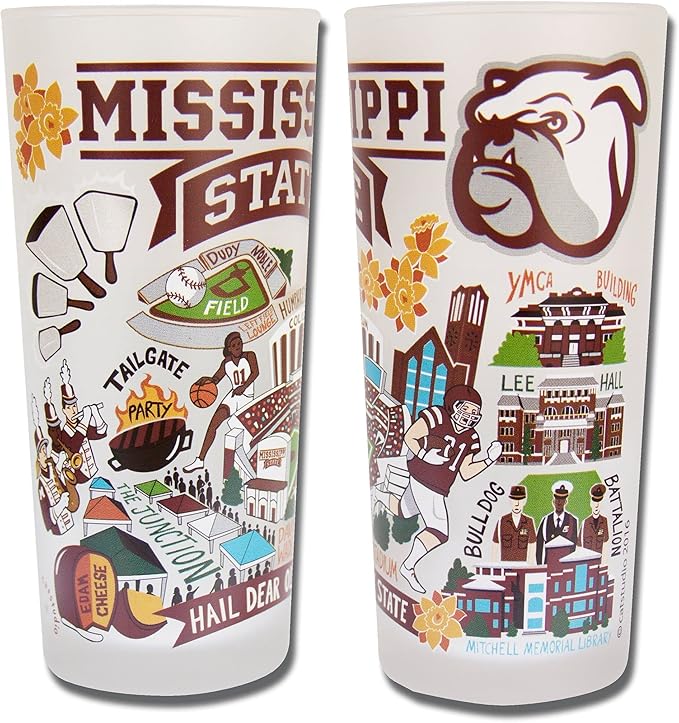 Catstudio Drinking Glass, Mississippi State University Glass Cup for Kitchen, 15oz Dishwasher Safe Tumbler for MSU Alumni