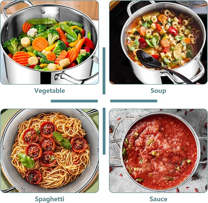 E-far 4 Quart Stock Pot with Lid, Stainless Steel Stockpot for Cooking Simmering Soup Pasta Sauce, with Tri-Ply Bottom & Visible Cover, Induction/Gas/Dishwasher Safe, Heavy Duty & Non Toxic