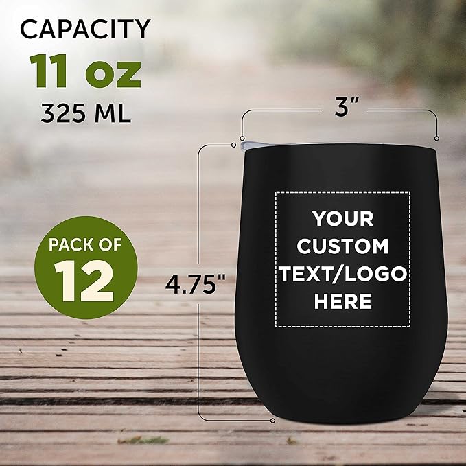 Custom Stemless Wine Glass Tumblers with Lids by Largo 11 oz. Set of 12, Personalized Bulk Pack - Perfect for Wine, Cocktails, Other Hot & Cold Beverages - Black