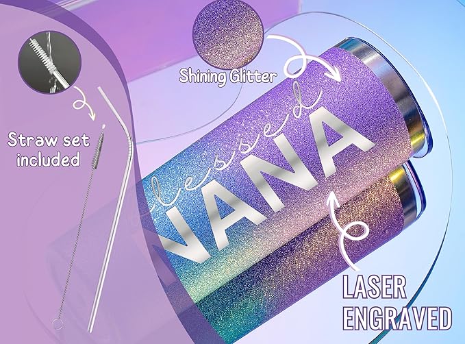 Onebttl Christian Grandma Gifts for Mother's Day, 20oz Purple & Blue Glitter Skinny Tumbler, Straw & Lid Included, Nana Gifts - Blessed Nana