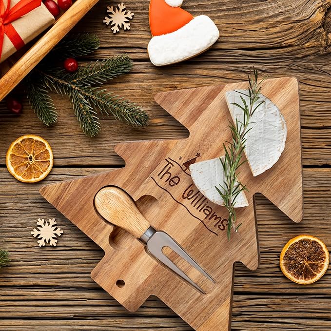 Custom engraved christmas tree luxury charcuterie board set, holiday season cheese, fruits, food, dessert, bread chopping acacia tray for table decoration, personalized gift for dinner hostess