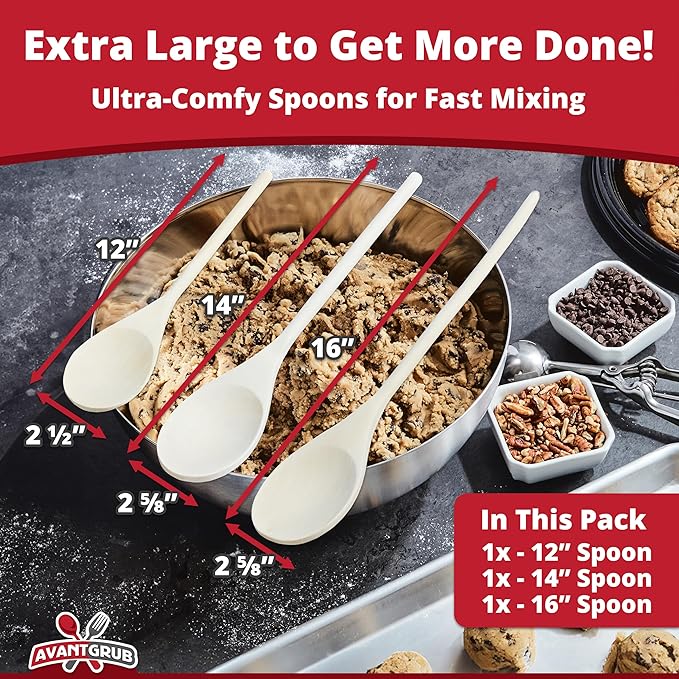 Pro Grade, Super Comfy Wooden Spoon, 3 Pc Set. Heavy Duty, Wood Spoons with Long Handles for Cooking, Baking, Stirring and Mixing in Restaurants or at Home. Best Kitchen Utensils for Nonstick Cookware