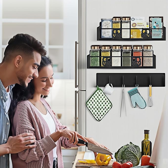 Magnetic Spice Rack for Refrigerator Organizers and Storage,Strong Magnet Metal Moveable No Drilling 3 Pack,Space Saving Kitchen Organization Kitchen Shelf with Hooks(Black,Owl)